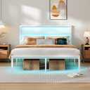 Full Size Bed Frame with Headboard,Heavy Duty Steel Slats Support-LED Bed Frame with USB Charging Station,Mattress Foundation-Under Bed Storage,No Box Spring Needed,Noise Free,White