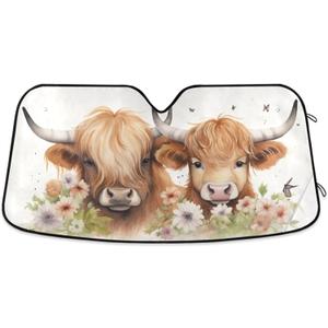 Car Windshield Sun Shade Highland Cows Flower Foldable UV Ray Sun Visor Protector Sunshade to Keep Your Vehicle Cool 55" x 27.6"