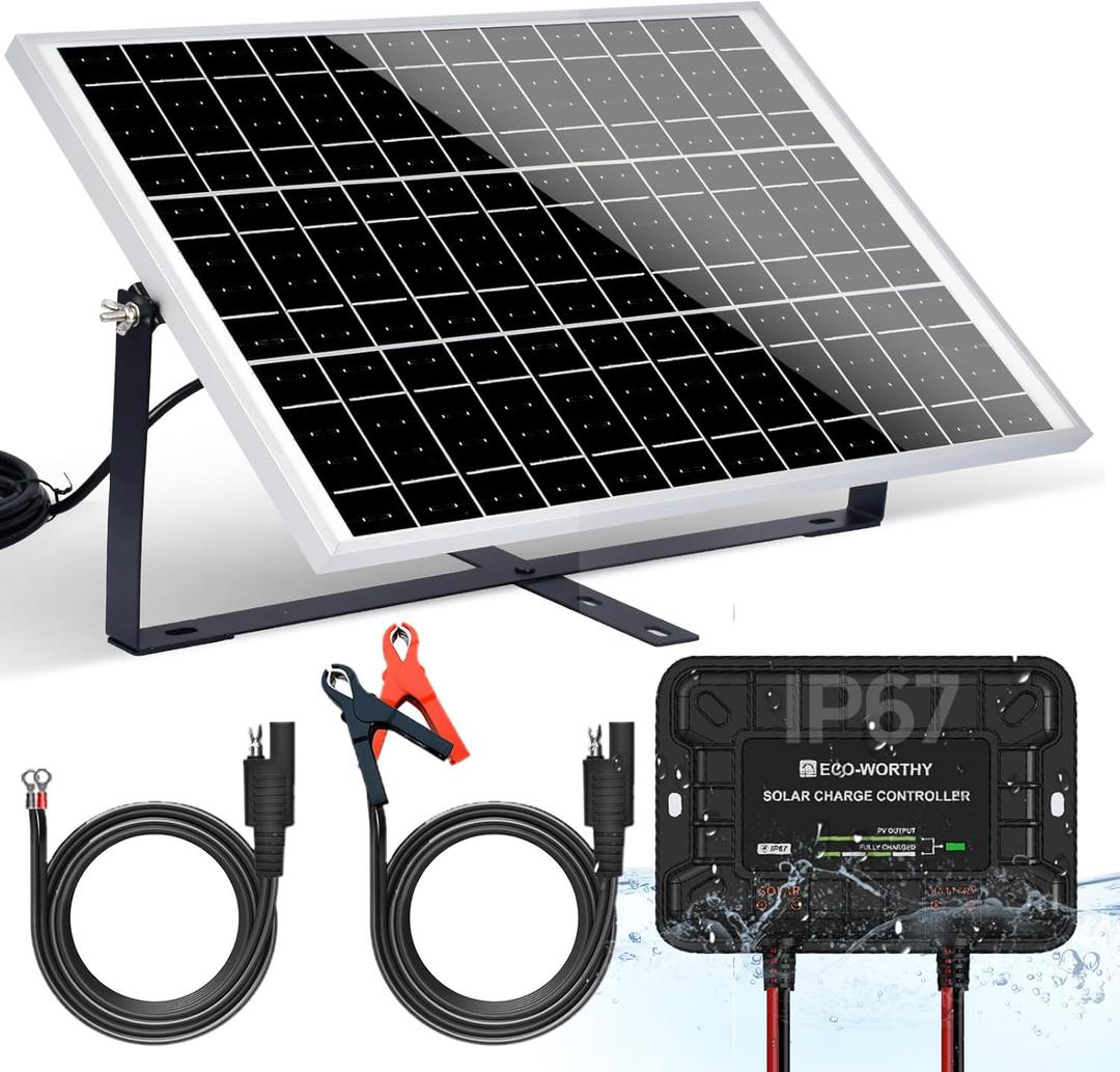 ECO-WORTHY 25W 12V Solar Battery Charger Trickle Maintainer, 25W Waterproof Solar Panel Kit + Adjustable Mount Bracket + Upgrade Controller,for 12V Batteries Cars RV Boat Motorcycle Marine