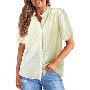 EVALESS Womens Button Down Shirts Cute Short Puff Sleeve V Neck Tops Spring Summer Blouses for Women Dressy Casual 2XL