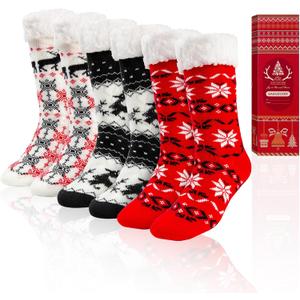 3 Pairs Christmas Fuzzy Warm Slipper Socks for Women,Soft Sherpa Fleece Lining Socks with Grippers Non Slip,One Size (Multicolor)