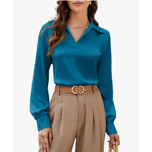 GRACE KARIN Women's Satin Silk Blouse Lapel V Neck Long Sleeve Casual Work Blouse Shirts Pullover Tops Size S