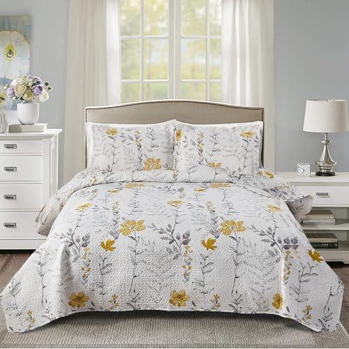 Ycosy Quilt Set King Size Floral Bedspread Coverlet Flowerl Quilts Bedding Spring Summer Lightweight Reversible Quilts Bedding Yellow Floral Quilt Collection with 2 Pillow Shams