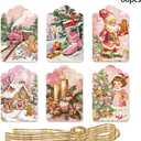2 x 60PCS Christmas Gift Tags Pink- Hanging Tags Labels with String for Xmas Winter DIY Christmas Holiday Party Gift 6 Designs