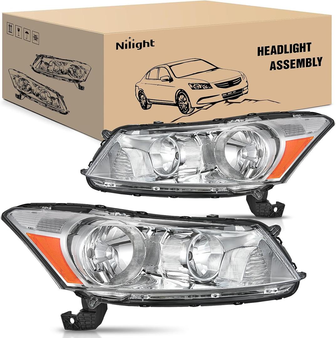Nilight Headlights Assembly for Honda Accord sedan 2008 2009 2010 2011 2012 Headlamp Chrome Housing Amber Reflector