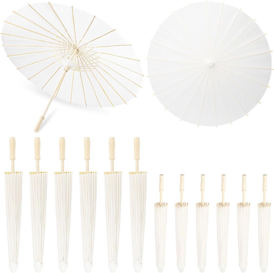 SAYAYA 12 Pack White Paper Umbrellas for Weddings, 33" & 23.6" DIY Oiled Paper Parasols Bulk Set, Chinese Japanese Parasol for Party Decor, Photography Props, Bridal Shower Crafts, Family Events