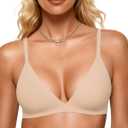 OEAK Womens Comfortable Triangle Bras No Underwire Sexy Plunge Unlined Bralette Pull On Bra Seamless Everyday Tshirt Bras (Beige, S)
