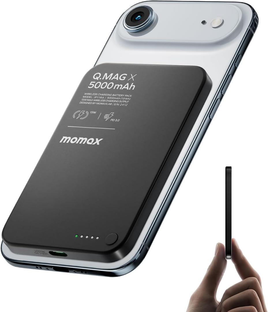 MOMAX Magnetic Wireless Power Bank 5000mAh, Ultra-Slim 0.3" MagSafe-Compatible Portable Charger, 20W USB-C PD Fast Charging, for iPhone 17/16/15/14/13/12 Series, Samsung Galaxy & Google Pixel