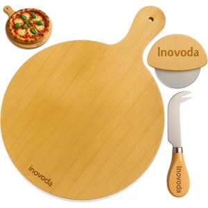 12" Wooden Pizza Peel | Pizza Cutting Board & Cheese Board with Cutter & Knife | Multipurpose Bamboo Cutting Board & Charcuterie Board For Pizza, Cheese, Fruits, Vegetables & Meat