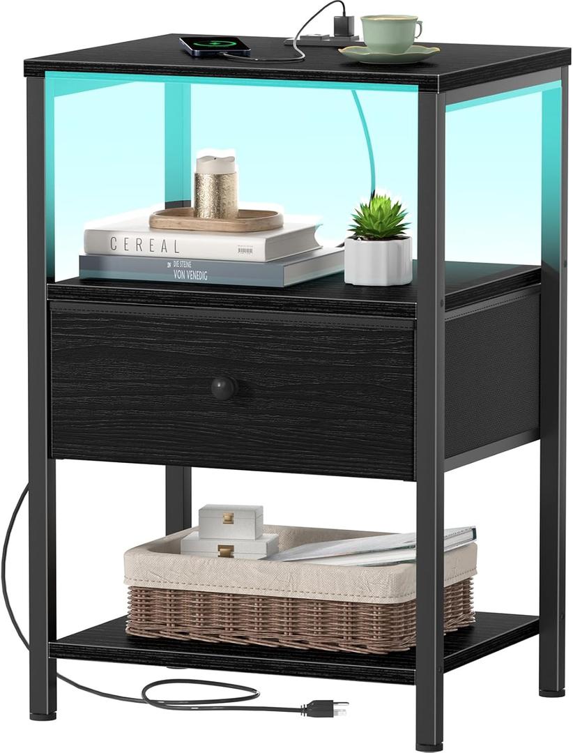 BOLUO Black Nightstand with Charging Station, LED Night Stand with Fabric Drawers and Shelf, Bedside Table with USB Ports and Outlets, Bedroom Nightstand Modern