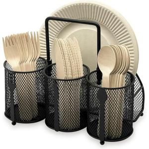 DysanVica Utensil Caddy Silverware Holder - 4 Compartment Metal Mesh Cutlery Fork Spoon Napkin Plate Organizer Flatware Storage Basket Party Kitchen Countertop Buffet Picnic Camping Outdoor BBQ Black