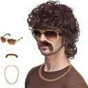 M MISS U HAIR 70s Wigs for Men Disco Wig for Halloween Party Short Brown Feathered Hair with Glasses Gold Necklace Mustache