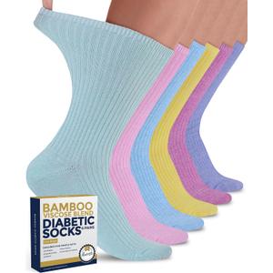 Pembrook Ribbed Knit Bamboo Viscose Diabetic Socks for Women - 6 Pairs | Crew Socks | Pink, Light Pink, Purple, Blue, Green, Yellow | Neuropathy Socks | Diabetic Socks for Women Size 9-11