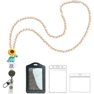 Cute Beaded Teacher Lanyard with PU ID Holder Retractable Breakaway Badge Lanyards for ID Badges for Teacher Women Cute Wood Necklace Lanyard