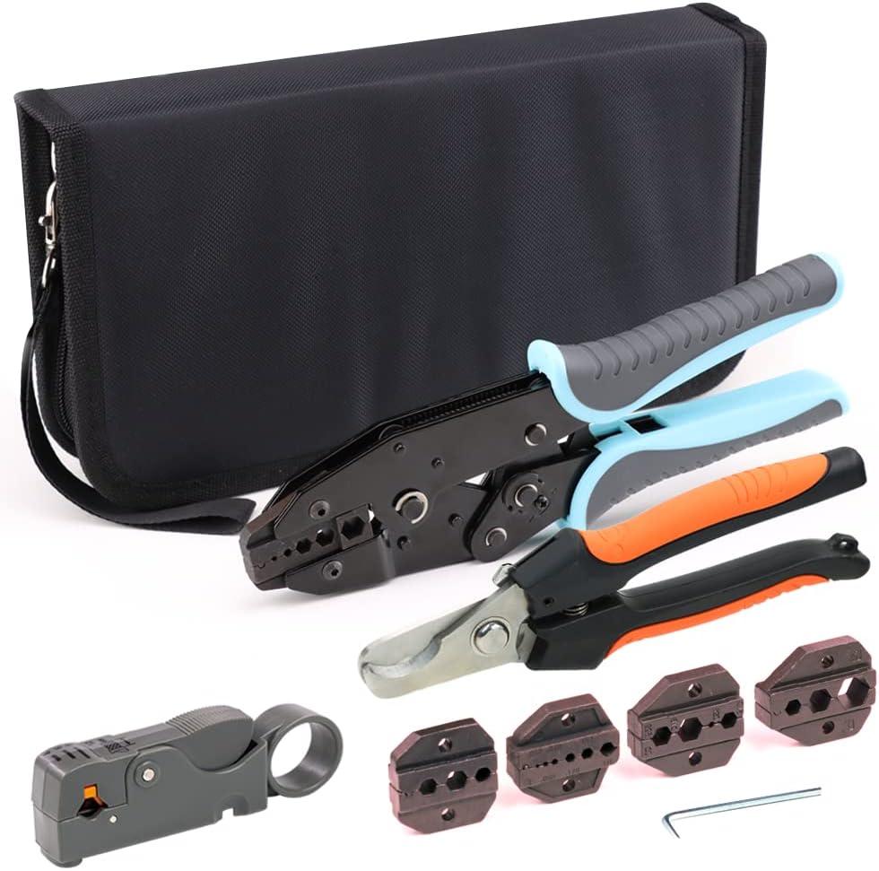 Coax Ratchet Crimping Tool Kit for Coaxial RG Cable RF Connector with 5 Changeable Jaws, Rotary Coaxial Cable Stripper and Cable Cutter Piler