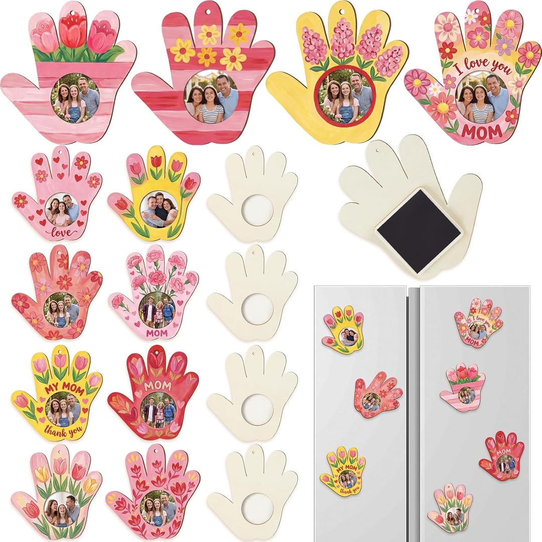 Threehoney 12 Pack Mother's Day Fridge Magnet Picture Frames, DIY Wooden Handprint Craft Kits with Full Magnetic Backing, Handmade Gift for Mom & Grandma, Bulk School Classroom Painting Activity