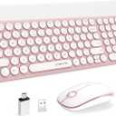 Wireless Keyboard and Mouse Combo, XTREMTEC 2.4GHz Quiet Slim Cute Round Keycap Compact Size Pink Kawaii Cordless Retro Keyboard and Mouse Set Home Office Accessories for Mac/ Windows(Sakura Pink)