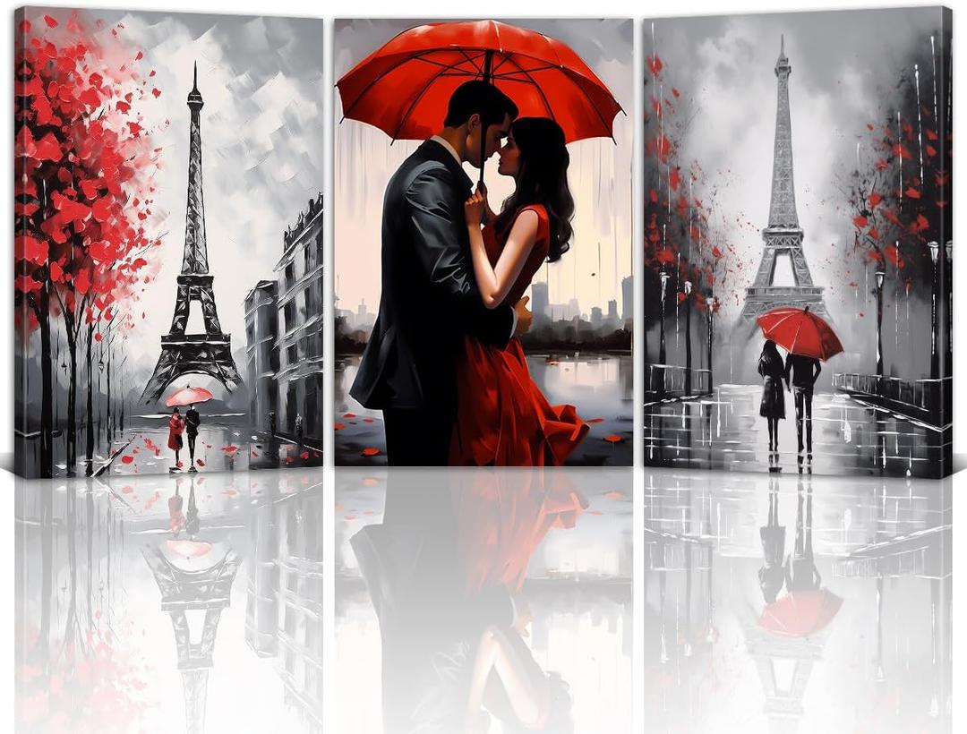 Paris Canvas Wall Art Eiffel Tower Picture Prints Romantic Couple Paintings Black and Red Wall Decor for Living Room Bedroom Bathroom Office Decor Framed(Artwork-2,16.00" x 24.00" x 3Pcs)
