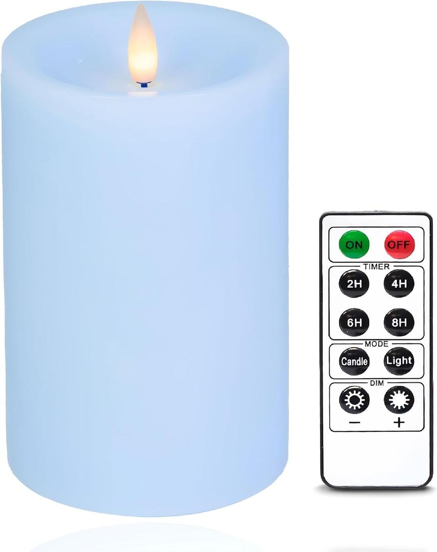 Flameless Pillar Candles Flickering with Remote Timer, Battery Operated LED Candles Up to 400 Hours, 3D Moving Flame Real Wax Candles, D4 x H6, Remote Included (Ice Blue, 4inx6in)
