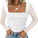 Chunpin Women's Bodysuits Square Neck Long Sleeve Bodysuits Mesh Ruched Thong Body Suit Outfits Going Out Tops (Medium)