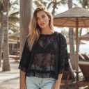 Women Lace Cape Flowy Top Ruffle Trim See Through Sheer Poncho Top Cover Up Sexy Blouses Batwing Tops (Black, M)