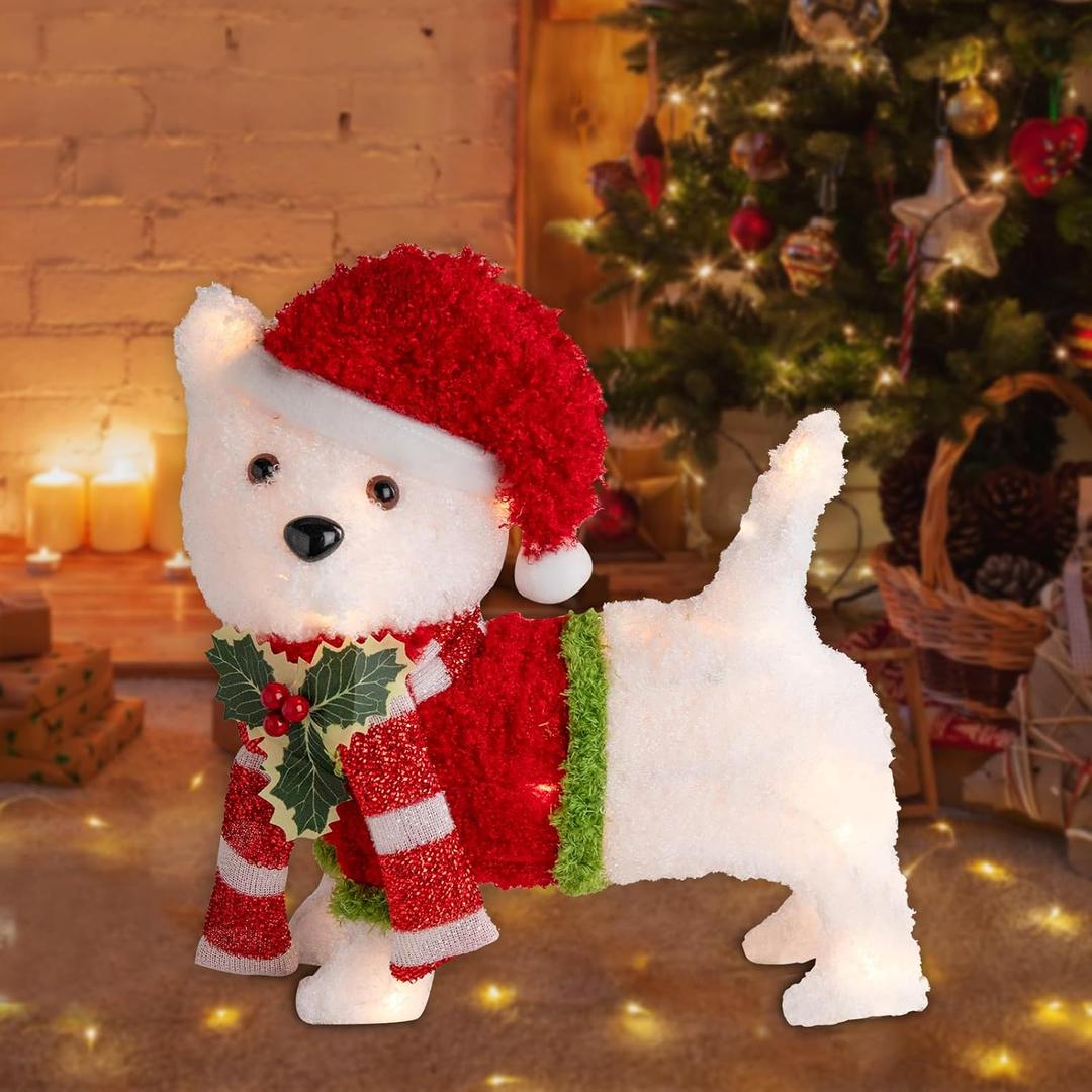 Christmas Lighted Dog Decoration Pre-lit 3D Glittered Fluffy Puppy Battery Operated Lighted Up Standing Ornament Outdoor Indoor Christmas Decoration for Home Lawn Yard Garden Display