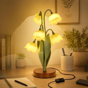 Flower Table Lamp for Bedroom, Cute Reading Light with 5 Yellow Tulip Flower of The Valley, Desk Lamp Bedside Lamps for Nightstands Home Decor, Soft Reading Night Light for Bedroom Living Room Office
