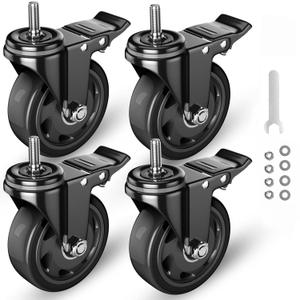 Stem Caster Wheels 3 Inch, Threaded Stem Casters Heavy Duty Casters Set of 4, Swivel Casters with Stem UNC 3/8"-16 x 1 Industrial Castors with Safety Dual Locking Wheel for Furniture and Cart