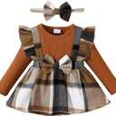 Baby Girl Winter Clothes Toddler Girl Spring Outfit Long Sleeve Ruffle Romper Suspender Skirt Headband Set (12-18 Months, Brown)