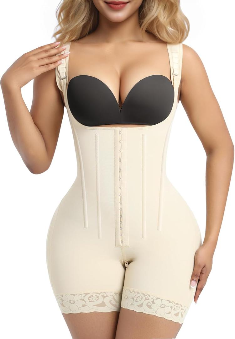 SHAPERX Shapewear for Women Tummy Control Body Shaper Butt Lifter Bodysuit Postpartum Girdles with Adjustable Straps (Small, Beige (Hooks))