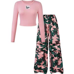 Girl's 2 Piece Outfits Long Sleeve Crewneck T Shirt and Wide Leg Camo Pants Set Casual Streetwear (11Y)