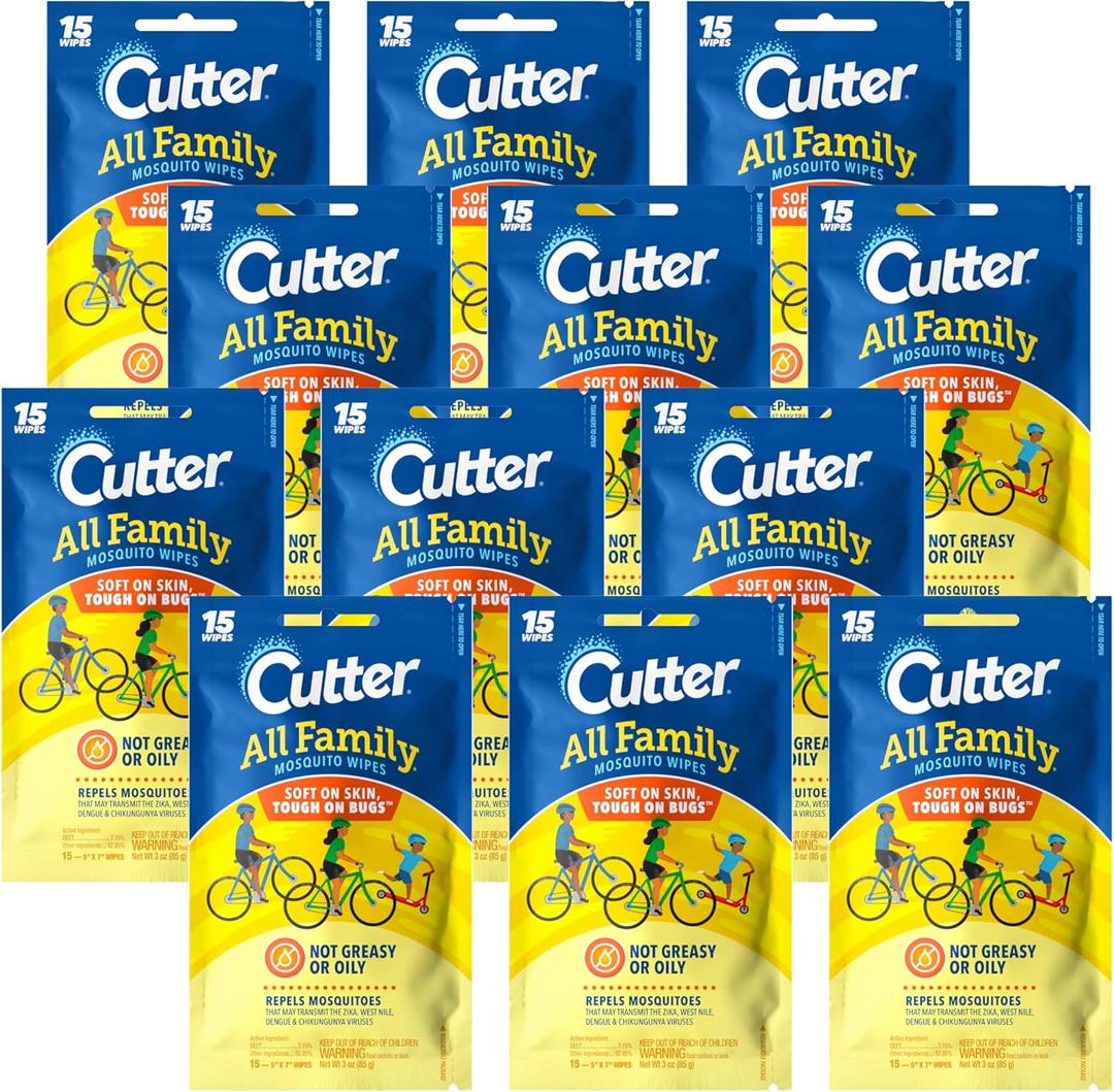 Cutter All Family Mosquito Wipes, 15-Count, 12-Pack