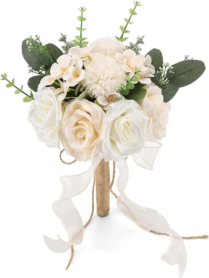 9.5In Wedding Bouquets for Bride Bridesmaid, Champagne Roses White Artificial Flowers Toss Bouquet for Wedding Party Church Decoration