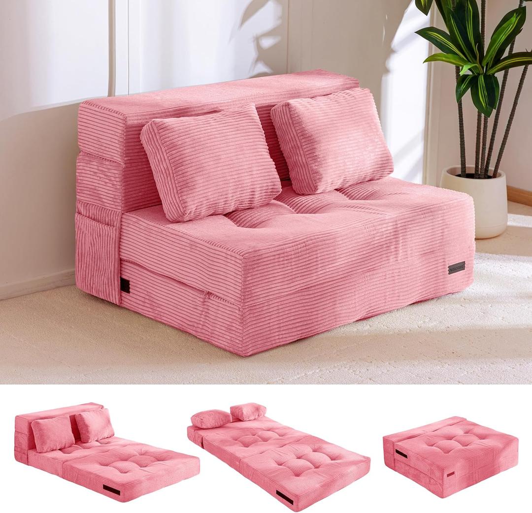 MAXYOYO Convertible Sofa Bed, Fold Out Sleeper Sofa with Pillow, 4 in 1 Tufted Folding Couch Bed Foam Floor Couch, Lazy Chair for Living Room Bedroom Guest Room, Pink, Full