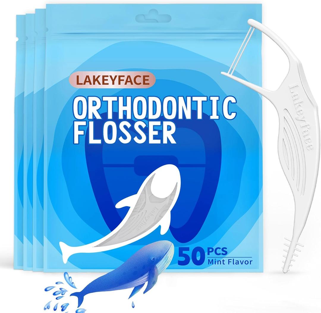 Lakeyface 200 Count Twin-Line Braces Flossers, Orthodontic Flossers for Braces, Fits Under Arch Wire No Damage, Whale Wider Handle with Unique Finger Press, Ortho Dental Floss for Kids & Adults, Mint