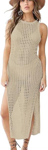 Women's Knit Vest Long Dress Crochet Robes V Neck Elegant Cover Up Dress, XL