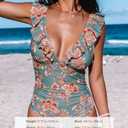 CUPSHE Women's Ruffled One Piece Swimsuit V Neck Lace Up (Pine Green/Red Floral)