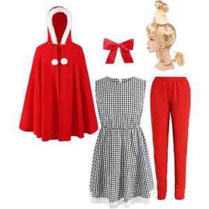 Who Lou Costume for Women 5 Pcs Red Christmas Costumes Outfit Adult with Blonde Wig Xmas Halloween Cosplay Holiday