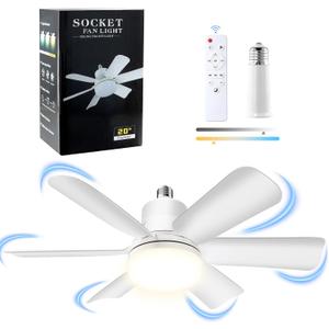 Socket Fan Light with Remote, 20" Screw in Ceiling Fan in Light Socket with Extender & 6 Blades for Bedroom, Kitchen, White