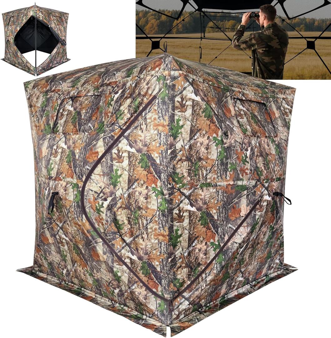 Hunting Blind 360 Degree See Through Ground Blind, 2/ 3 Person Pop Up Deer Blind with Carrying Bag, Portable Resilient Hunting Tent(360°)