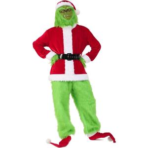 Christmas Green Costume for Men 7 Pcs Furry Adult Santa Claus Costume Mask Santa Suit
