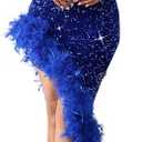 Cololura Women Sexy Elegant Sequin V Neck Tassel Mermaid Bodycon Formal Party Gowns Evening Maxi Dress L Feather Blue