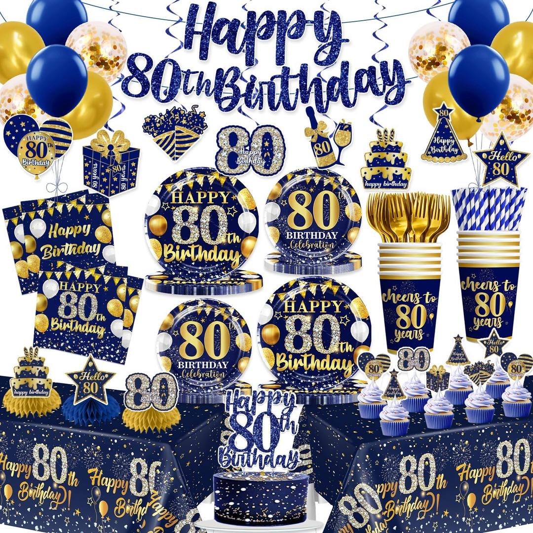 169pcs 80th Birthday Decorations Tableware Set with Plates, Napkins, Cups, and Tablecloth Set, Banner, Hanging Swirls 80th Birthday Decorations for Men, Gold and Blue Cheers to 80 Years for 25 Guests