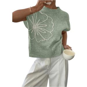 SOLY HUX Women's Short Sleeve Sweater 3D Floral Sweaters Pullover Tank Tops Knit Vest Trendy Fashion Clothing (Green, L)