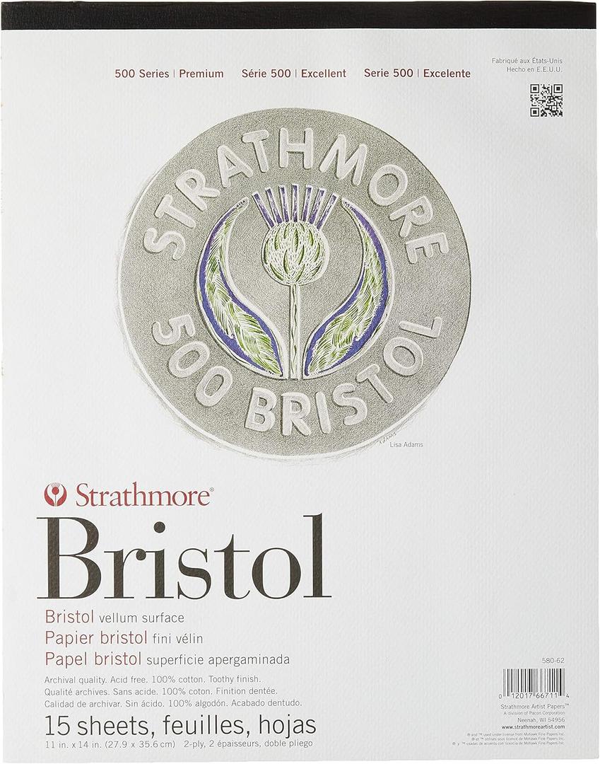 Strathmore (580-62 500 Series Bristol, 2-Ply Vellum Surface, 11"x14", White, 15 Sheets