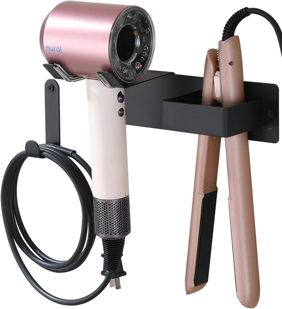 Hair Dryer Holder Wall Mounted, Hair Tool Organizer Wall Mount for Bathroom, Stainless Steel Hair Dryer Holder, Blow Dryer Holder Adhesive/Drilling Hair Dryer and Straightener Holder Black UEMUSI