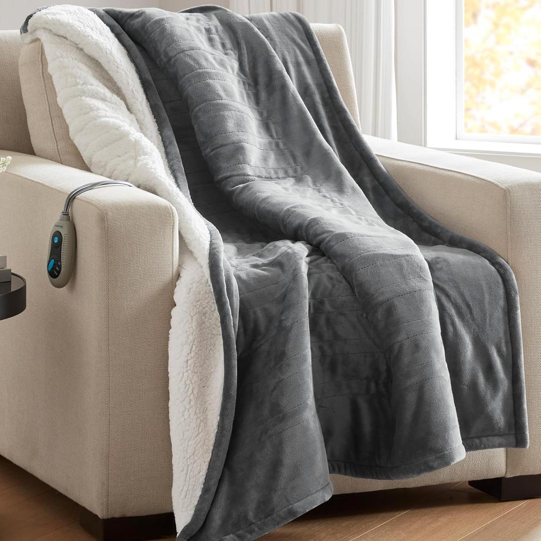 Beautyrest Heated Throw Blanket, Electric Throw, Soft, Warm, Reversible Plush - Sherpa, 3 Heat Settings, 2 hr Auto Shut Off, Machine Washable, 50 x 60 Grey