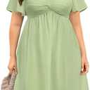 Pinup Fashion Women Graduation Dress Plus Size - Homecoming Sweetheart Neckline Chiffon A-Line Short Dresses (20 Plus, Sage Green Short Sleeve)