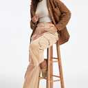 Cargo Pants for Women Low Rise Drawstring Waist 7 Pockets Hiking Work Wide Leg Pants with Zipper Button Closure Khaki