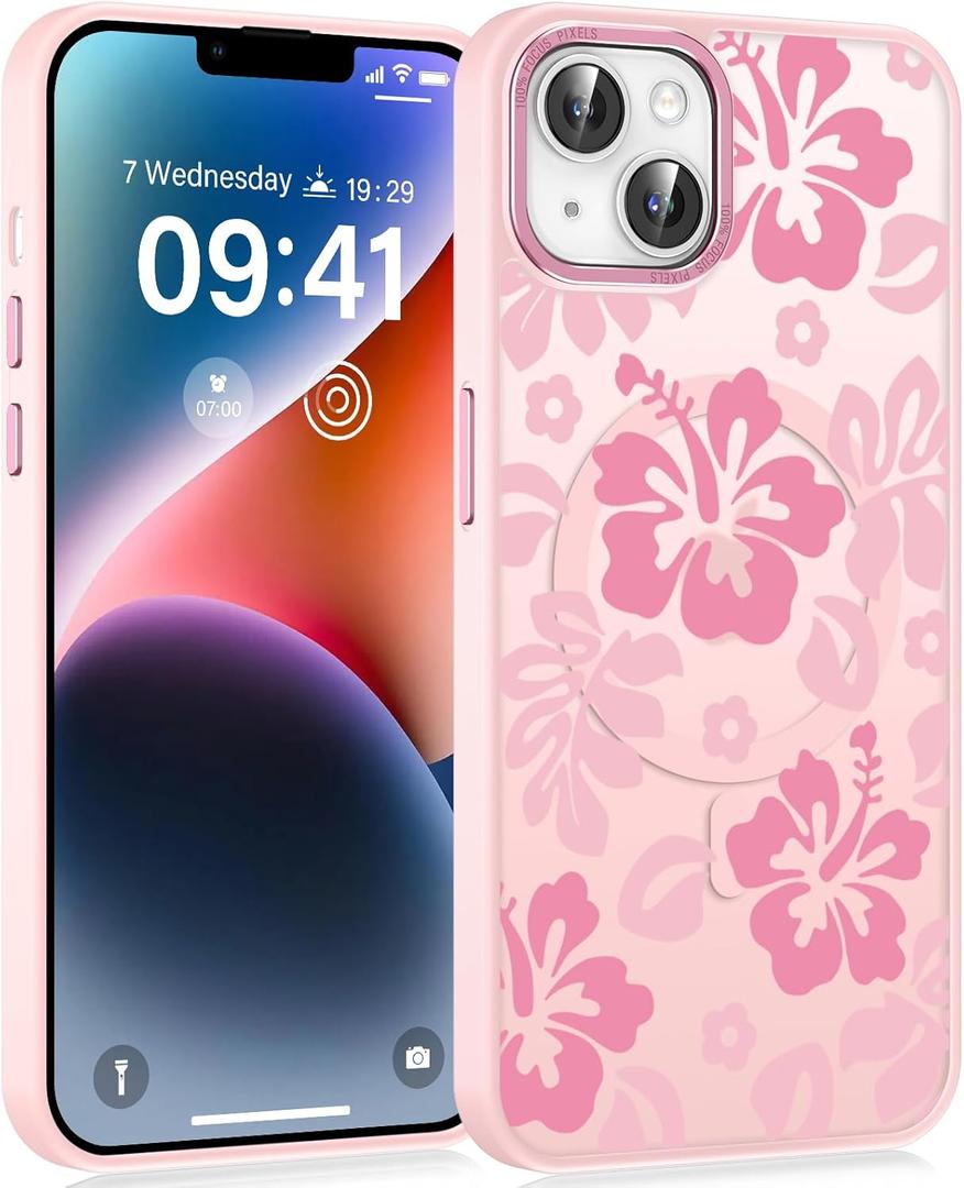 Pink Cute Hibiscus Flower Phone Case for iPhone 13/14 6.1", Compatible with MagSafe, Floral Pattern Print Design Magnetic Case for Women Girls Soft TPU Hard PC Shockproof Funda Cover